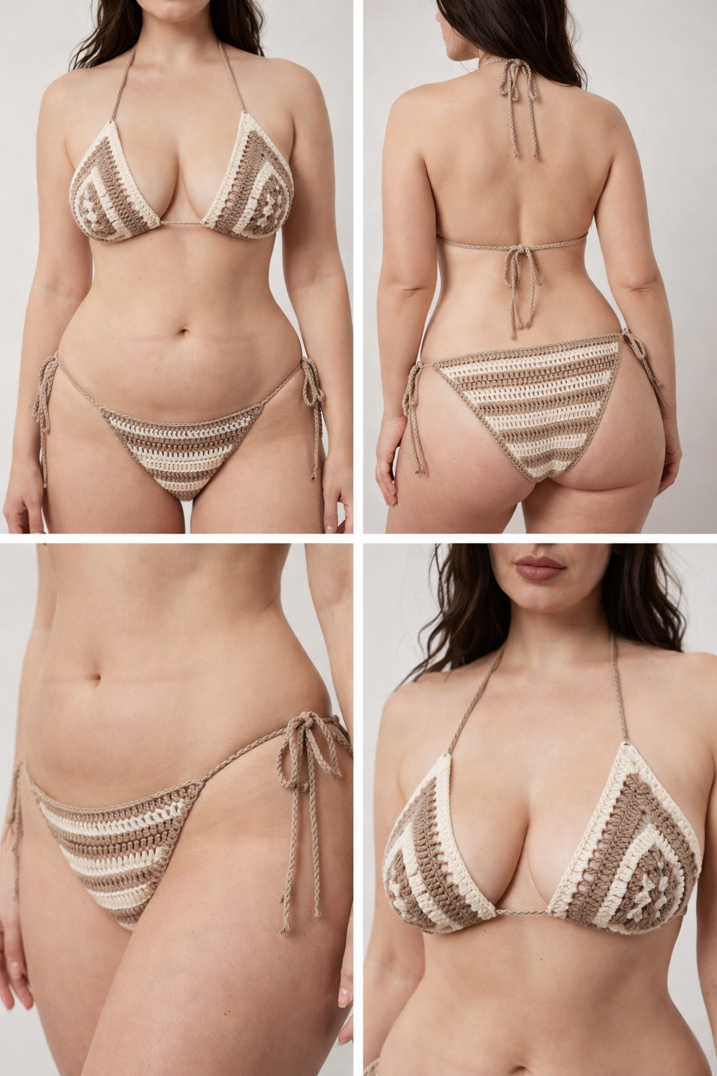 Handmade Neutral Stripe Crochet Bikini Set – Triangle Top & Tie-Side Bottoms