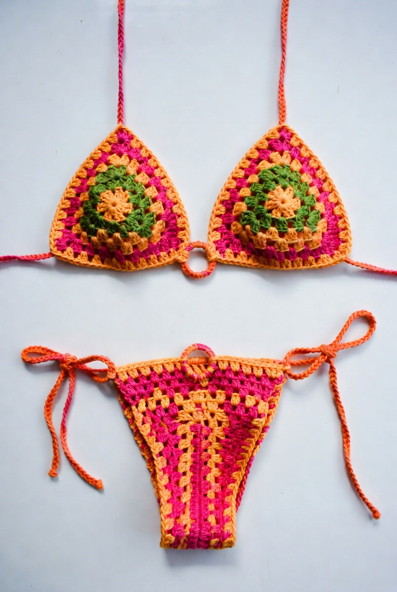 Handmade Crochet Bikini Set – Vibrant Boho Triangle Top & Tie-Side Bottoms
