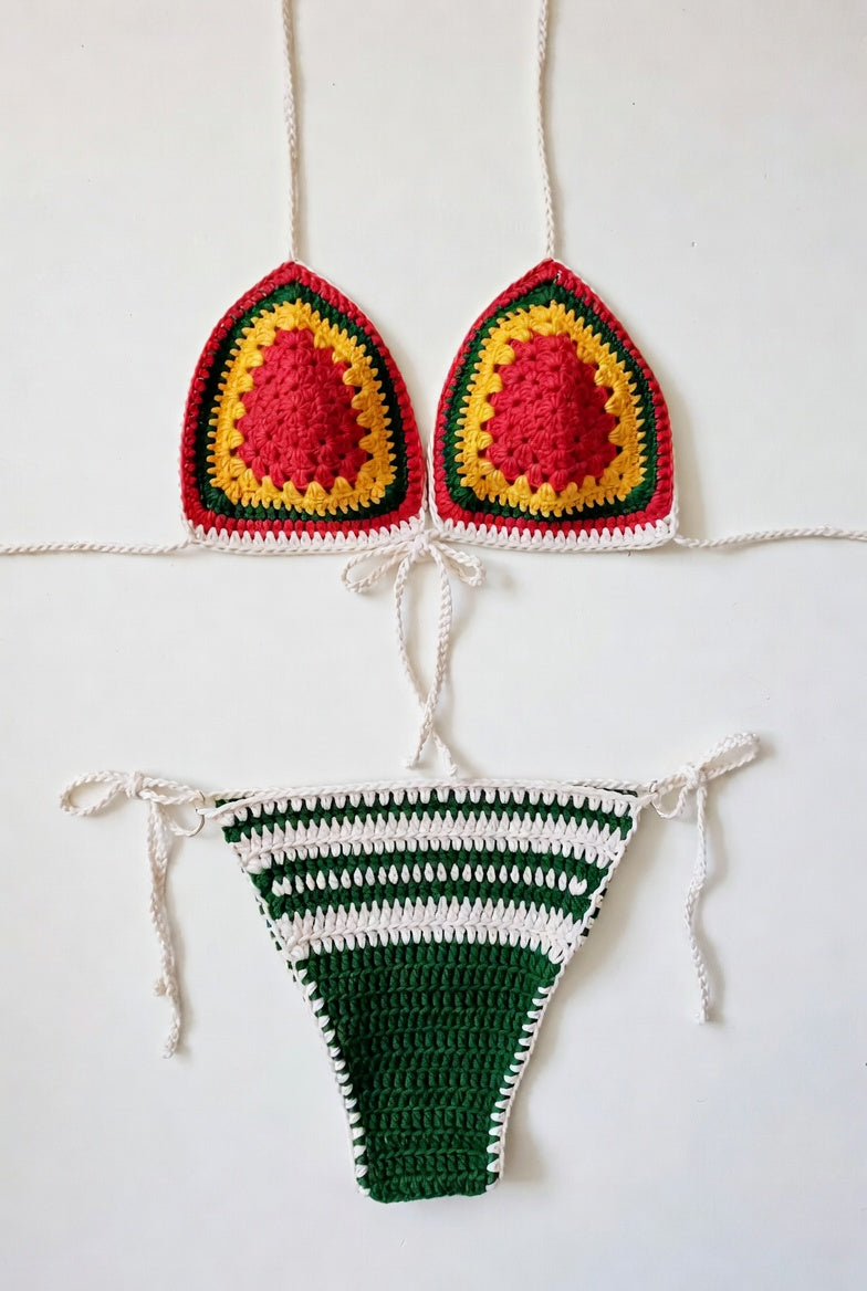 Handmade Rasta Stripe Crochet Bikini Set – Triangle Top & Tie-Side Bottoms