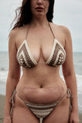 Handmade Neutral Stripe Crochet Bikini Set – Triangle Top & Tie-Side Bottoms