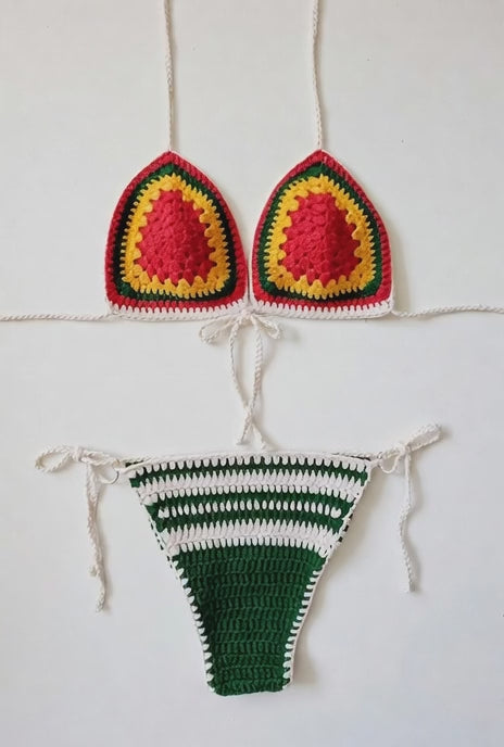 Handmade Rasta Stripe Crochet Bikini Set – Triangle Top & Tie-Side Bottoms